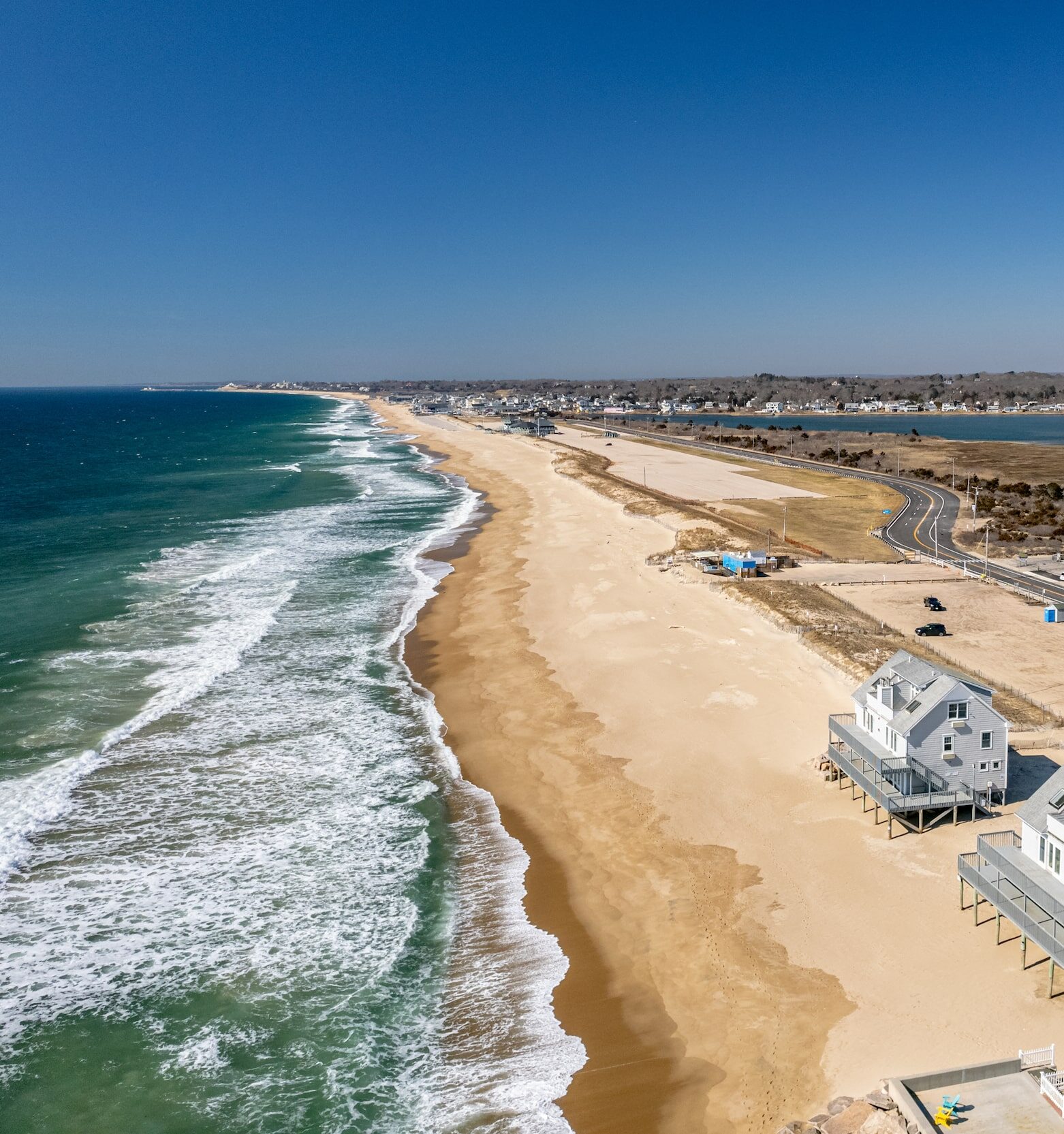 Aerial view of Westerly beach on a bright early spring day in Westerly RI